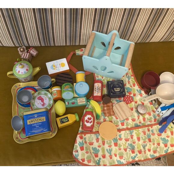 LOT Pretend Imagination Play Kitchen & Cooking Food + Tea Set Cookies Apron - Picture 1 of 6